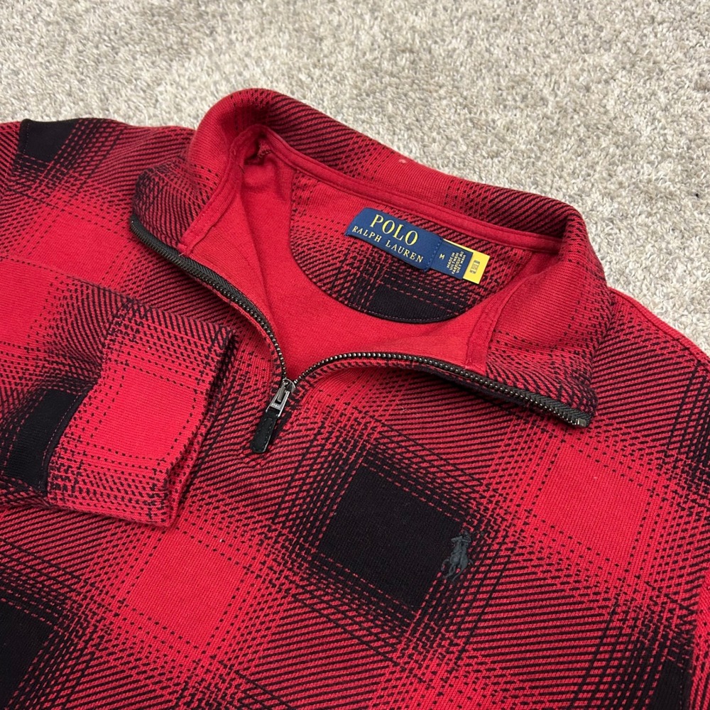 Polo Ralph Lauren Pullover Estate‎ Rib Medium Red Buffalo Check Quarter Zip